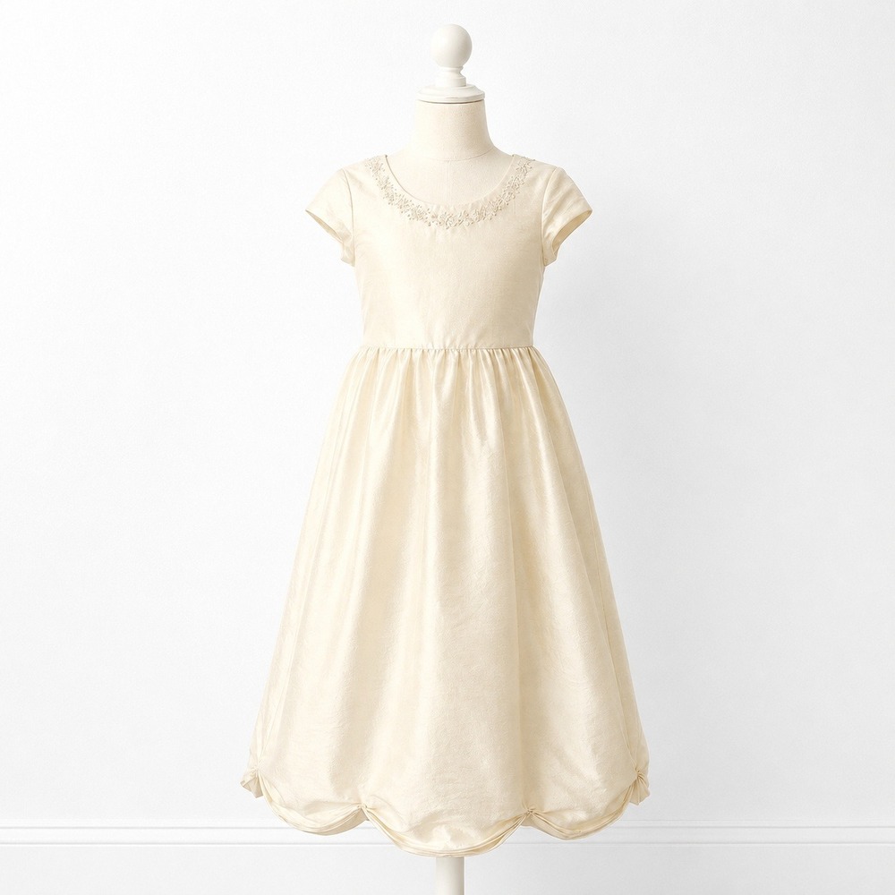 Girls Heirloom Cream Ivory Silk Formal Dress with Scalloped Bubble Hem / Size 10